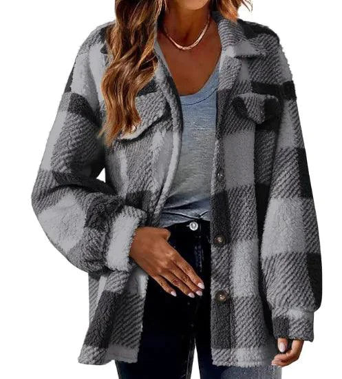 Mandotos plaid wool jacket with turndown collar, featuring a stylish checkered pattern and cozy fabric.