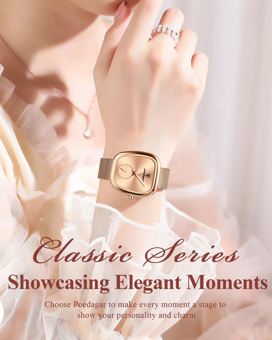 Mandotos POEDAGAR elegant women's mesh watch with waterproof stainless steel case and quartz movement, stylish for ladies.