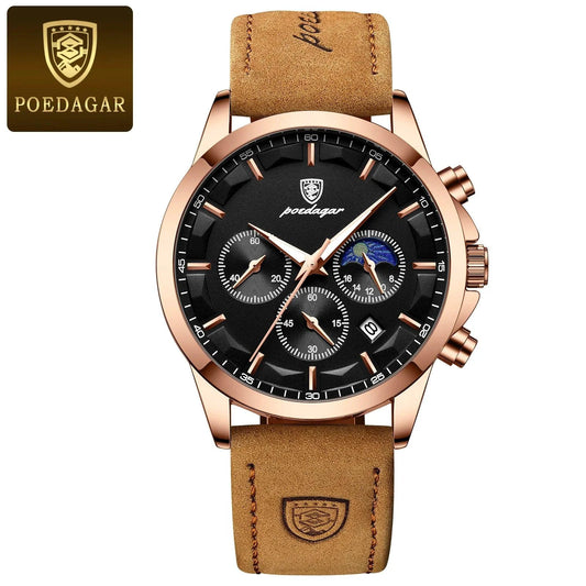 Mandotos POEDAGAR luxury men's chronograph watch with waterproof design, luminous dial, and leather strap.