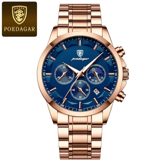 Mandotos POEDAGAR luxury men's chronograph watch with waterproof design, luminous dial, and leather strap.