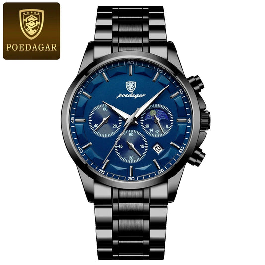 Mandotos POEDAGAR luxury men's chronograph watch with waterproof design, luminous dial, and leather strap.