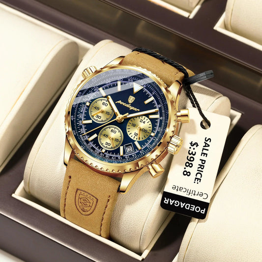 Mandotos POEDAGAR men's luxury quartz chronograph watch with leather strap, waterproof, luminous dial, and military sports style.