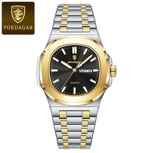 Mandotos POEDAGAR military square men's watch with waterproof stainless steel case, luminous dial, date, week display, and quartz movement.