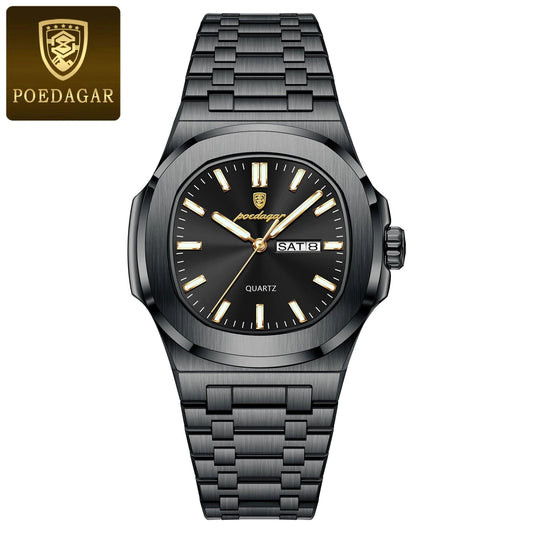 Mandotos POEDAGAR military square men's watch with stainless steel case, luminous dial, waterproof, date, and week display.