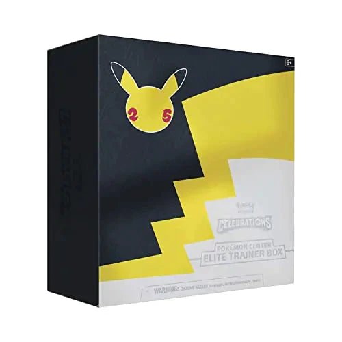 Mandotos Pokémon TCG Celebrations Elite Box with booster packs, cards, and accessories for collectors and players.