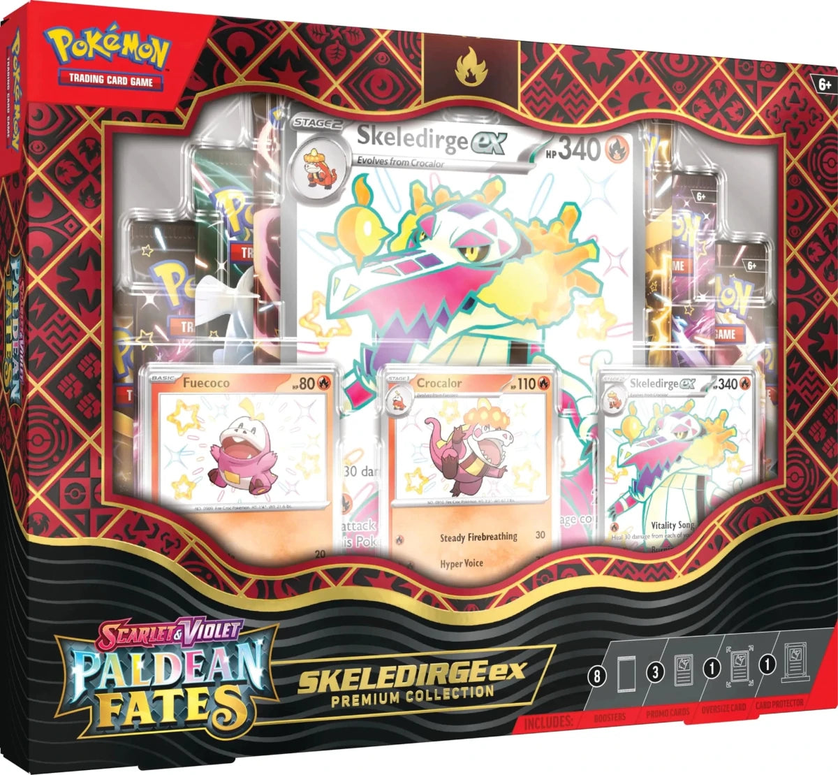 Shiny Fuecoco Pokémon TCG Scarlet & Violet EX Premium Kit by Mandotos with game cards and accessories displayed.
