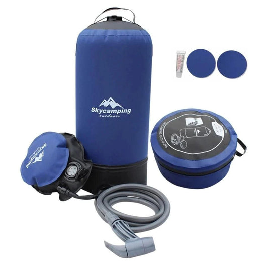 Portable outdoor shower kit by MANDOTOS with showerhead, hose, and stand, ideal for camping, beach, or outdoor use.