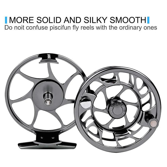 Mandotos Precision Fly Caster Reel with black metal body and handle, designed for smooth fly fishing casting.
