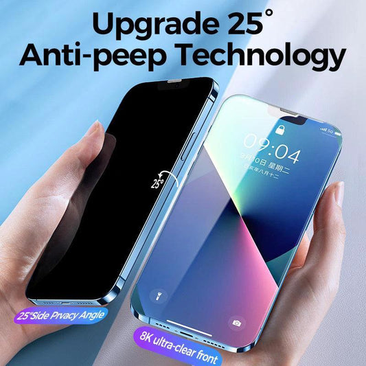Mandotos privacy tempered glass screen protector for iPhone showing anti-peep feature and clear front view.