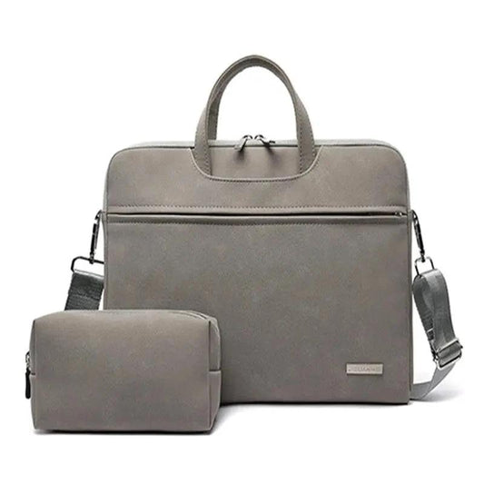Mandotos PU leather women’s laptop bag with shoulder strap for MacBook Air 13.3 to 15.6 inches, includes space for accessories and mouse.