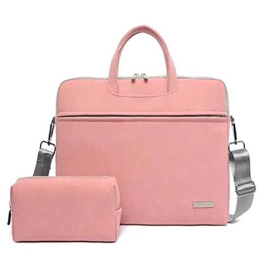 Mandotos PU leather women’s laptop bag for MacBook Air and 15.6-inch notebooks, featuring a shoulder strap and hand-held design.