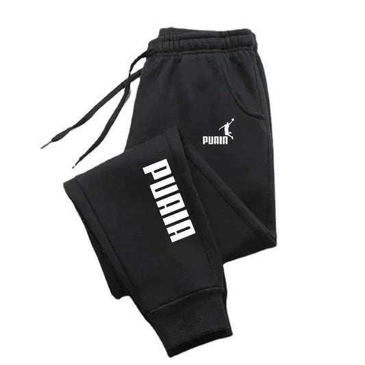 Mandotos PUAIA print men's joggers, autumn/winter sport trousers with loose fit, solid color streetwear pants for fitness and casual wear.