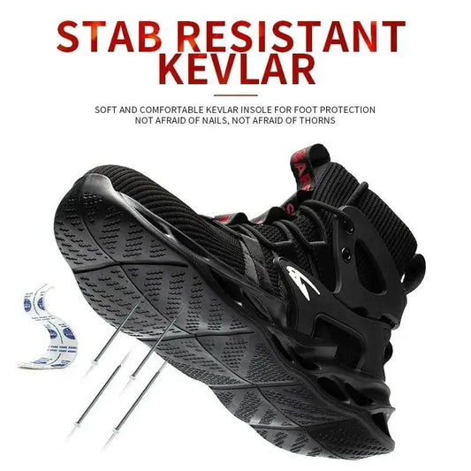 Mandotos puncture-proof work shoes with steel toe caps and slip-resistant soles, designed for safety and durability in industrial environments.