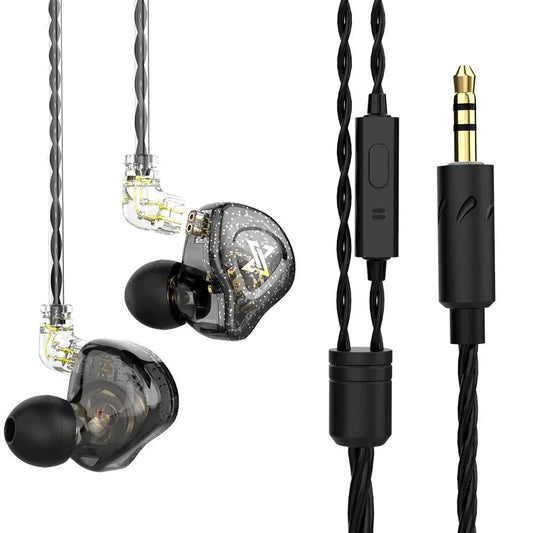 Mandotos QKZ AK6 HiFi wired earphones with copper driver and built-in microphone, in black with silver accents.
