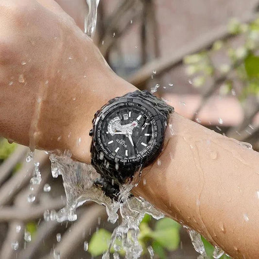 Mandotos men's quartz waterproof sports watch with black dial and stainless steel band, suitable for active wear and outdoor activities.