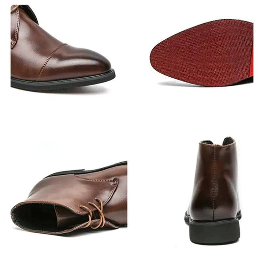 Mandotos red bottom leather boots featuring sleek design, pointed toes, and high heels for a stylish, modern look.