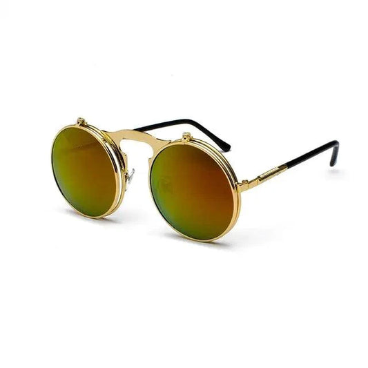 Mandotos Retro Flip Steampunk Shades with round lenses and vintage bronze frame, stylish and unique eyewear for fashion-forward looks.