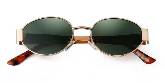 Mandotos vintage oval pilot sunglasses with green lenses, metal frame, unisex design, UV protection, inspired by 90s style.