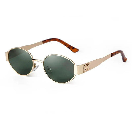 Retro metal frame pilot oval sunglasses by MANDOTOS, vintage style with green lenses, designed for men and women.