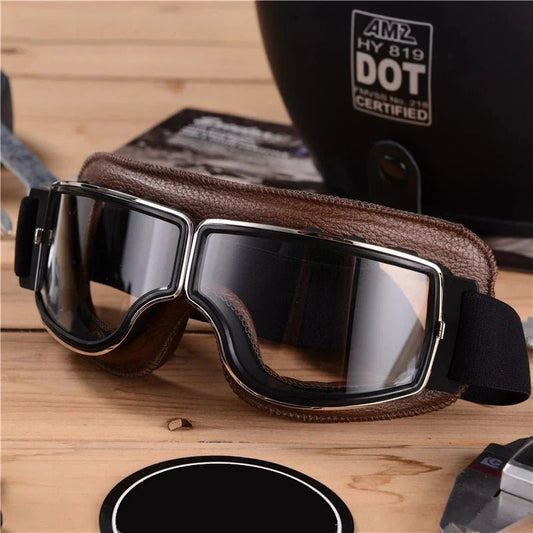 Mandotos retro windproof motorcycle glasses with clear lenses and black frame, designed for style and protection on the open road.