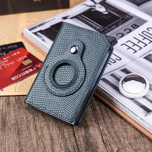 Mandotos RFID men's slim leather wallet with AirTag slot, featuring multiple card compartments and a sleek, compact design.