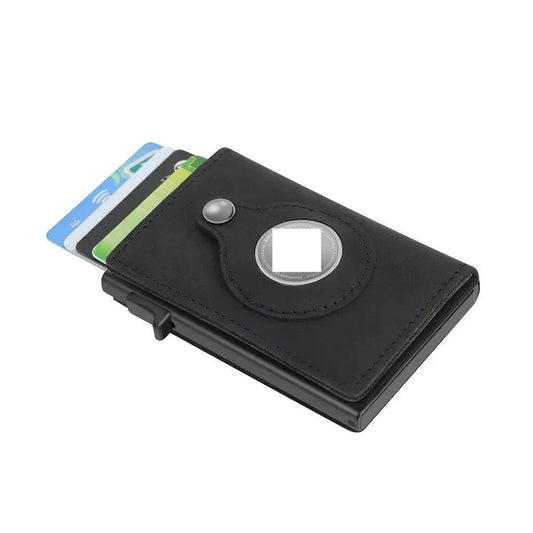 Mandotos RFID men's slim leather wallet with AirTag slot, featuring multiple card compartments and a sleek, compact design.