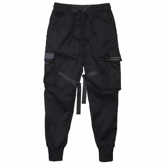 Mandotos Ribbons Harem Joggers for men, cargo streetwear pants with pockets, cotton fabric, hip-hop casual style.