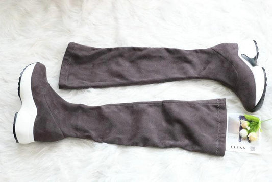 Mandotos round toe sports high heel over-the-knee boots showcasing sleek design and black leather finish.