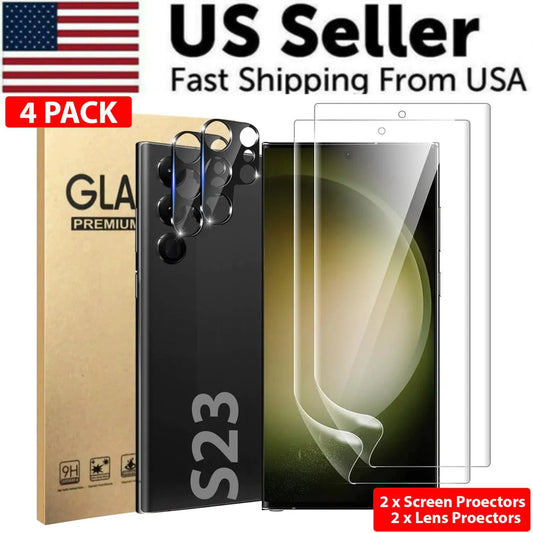 Mandotos screen protector for Samsung S23 and S22 Ultra, clear protective film fitting the US model, shown on the device.