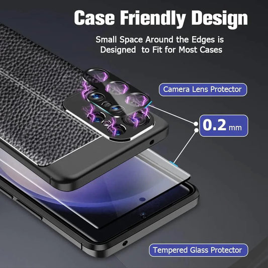 Mandotos screen protector for Samsung S23 and S22 Ultra, USA version, showing clear, durable tempered glass covering the phone screen.