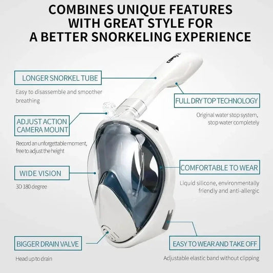 Mandotos seamless snorkel dive mask with clear lens and black strap, designed for comfortable underwater snorkeling.
