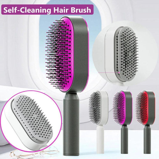 Mandotos self-cleaning hair brush with scalp massage features, showing ergonomic design and one-click cleaning mechanism.
