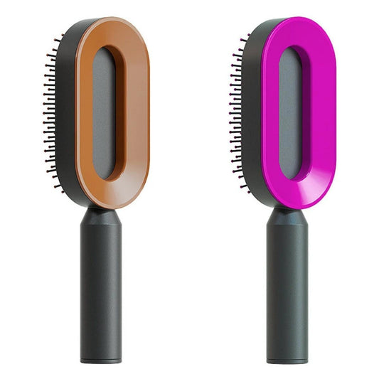 Mandotos self-cleaning hair brush with scalp massage features, shown with ergonomic handle and bristles for gentle scalp care.
