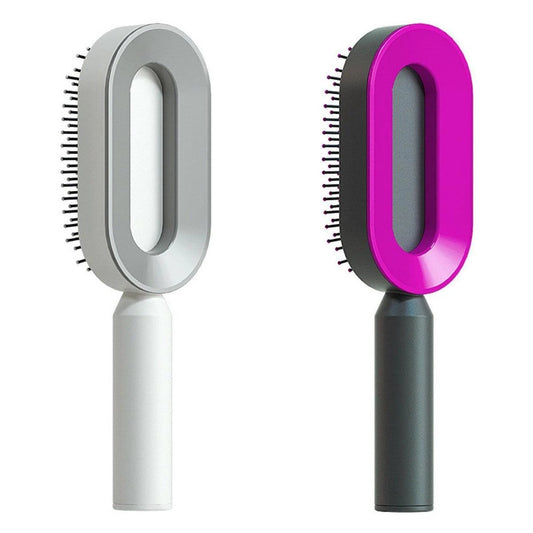 Mandotos self-cleaning hair brush with scalp massage features, showing the brush's ergonomic design and cleaning mechanism.