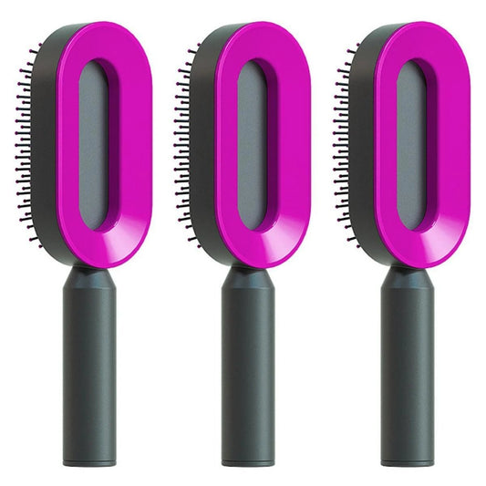 Mandotos self-cleaning hair brush with scalp massage features, showing the brush with built-in cleaning mechanism and ergonomic design.