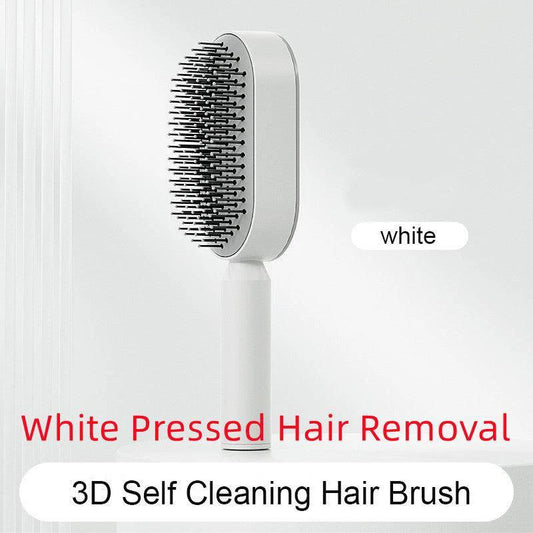 Mandotos self-cleaning hair brush with scalp massage features, showing the brush's bristles and ergonomic design for easy cleaning.