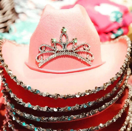 Mandotos sequined Western cowboy hat with wool felt, feather trim, and decorative embellishments for stylish Western wear.