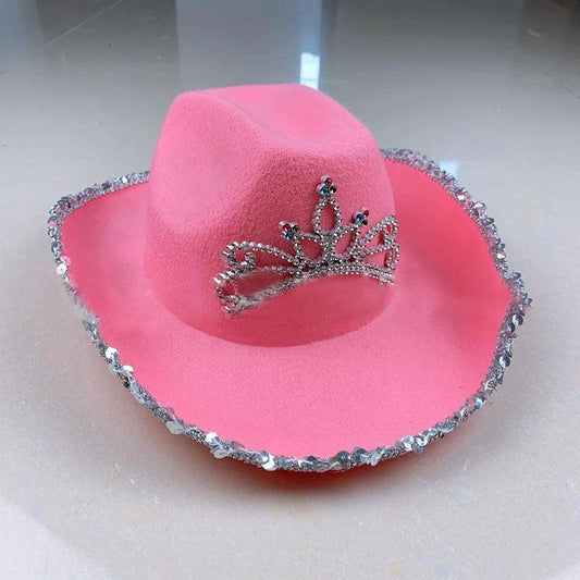 Mandotos sequined Western cowboy hat with wool felt and feather trim, featuring shimmering sequins and decorative feather accents.