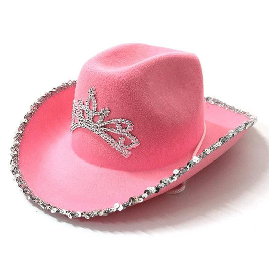 Mandotos sequined western cowboy hat with wool felt and feather trim, stylish accessory with sparkling details and feather accents.