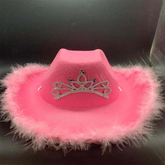 Mandotos sequined Western cowboy hat with wool felt, feather trim, and decorative embellishments, stylish Western headwear.