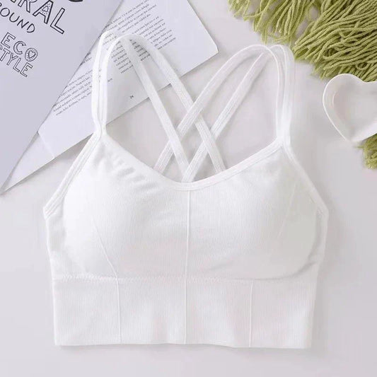 Mandotos women's back cross strap tank top and sports bra, breathable soft fabric, solid color, ideal for running and yoga workouts.