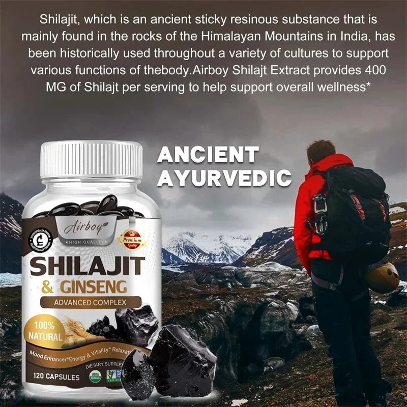 Mandotos Shilajit natural energizer supplement showing a jar of pure Shilajit resin and a wooden spoon with Shilajit.