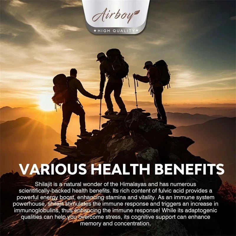 Mandotos Shilajit natural energizer supplement, showing a jar of pure black resin for rejuvenation, mental clarity, and immune boost.
