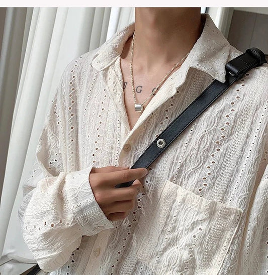 Mandotos apricot men's long-sleeved mesh shirt with lapel, hollow-out design, stylish fashion blouse for vacation or casual wear.