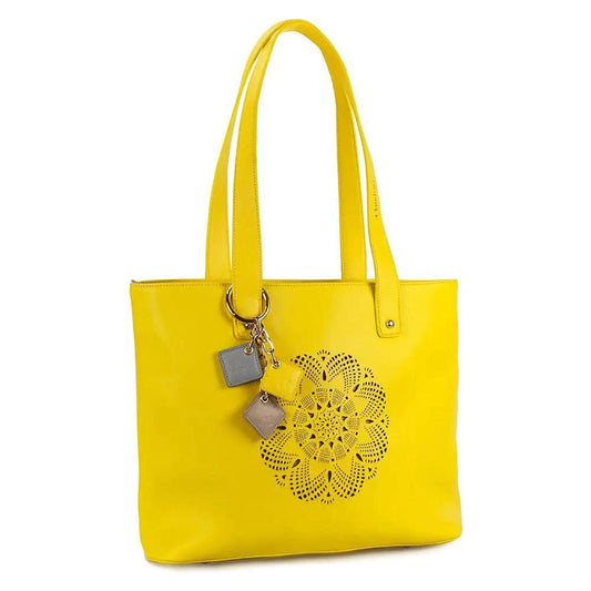 Mandotos Sprout Leather Tote in vibrant lemon yellow, featuring sturdy handles and spacious interior for everyday use.
