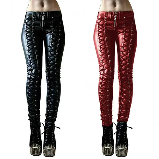 Mandotos steampunk leather skinny pants featuring fitted design, detailed leather texture, and unique steampunk-inspired style.