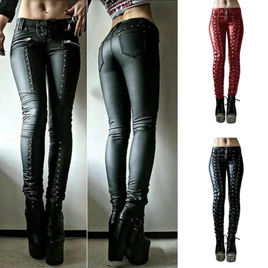 Mandotos steampunk leather skinny pants with detailed gear and cog accents, fitted design, and high-quality brown leather material.