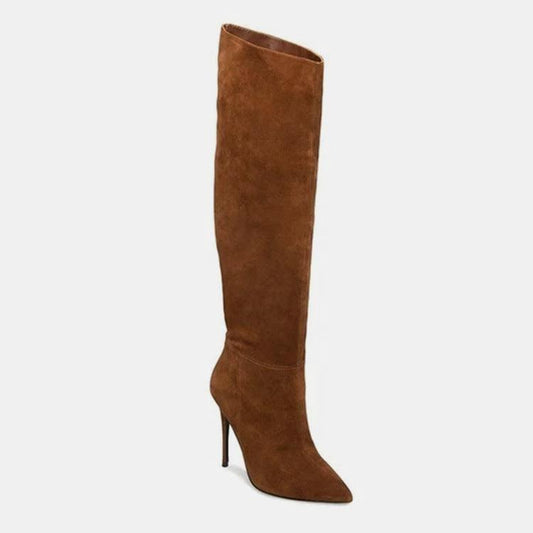 Mandotos stiletto heels with pleated design and high over-the-knee boots, showcasing sleek, fashionable footwear.
