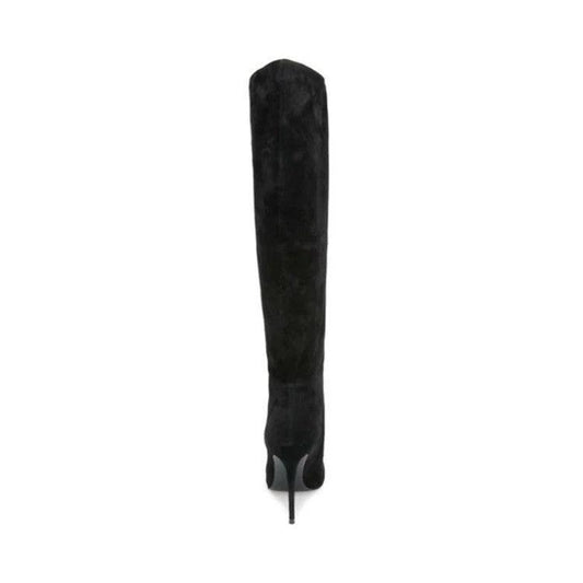Mandotos stiletto heels with pleated design and high over-the-knee length, stylish women's boots on a white background.