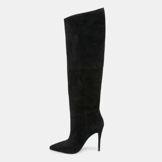 Mandotos stiletto heels with pleated design and high over-the-knee style, showcasing sleek black leather with pointed toes.